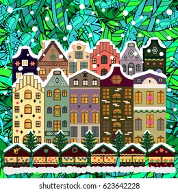 Christmas winter scene. Vector illustration. Background. Evening village winter landscape with snow cove houses.