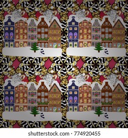 Christmas winter scene. Vector illustration. Evening village winter landscape with snow cove houses. Background.