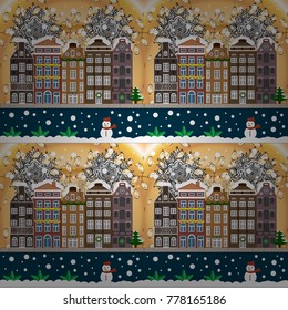 Christmas winter scene. Vector illustration. Evening village winter landscape with snow cove houses. Background.