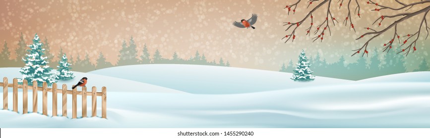 Christmas winter scene. Vector snowy landscape. Snow-covered hills, fence and birds bullfinches. Seasonal panoramic banner.
