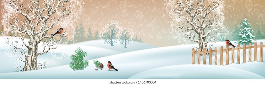 Christmas winter scene. Vector snowy landscape. Snow-covered hills, fence and birds bullfinches. Seasonal panoramic banner.