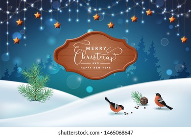 Christmas winter scene. Vector snowy landscape. Fir tree, snow-covered hills, wooden signboard and birds