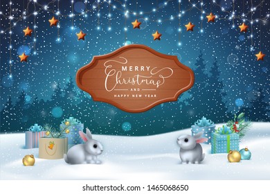 Christmas winter scene. Vector snowy landscape. Gifts, rabbits, snow-covered hills, wooden signboard and birds