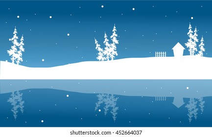 Christmas winter scenery of silhouette and reflection vector