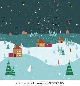 christmas winter scenery with snow and trees vector flat simple clip art