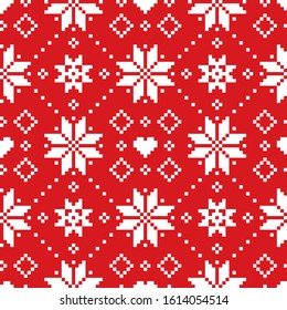 Christmas or winter Scottish Fair Isle style traditional knitwear vector seamless pattern with white snoflakes on red background. 
Retro Xmas textile folk art design inspired by traditional patterns 