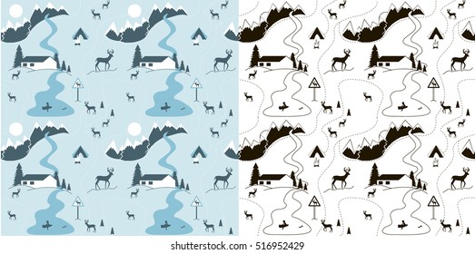 Christmas winter  seamless pattern. Abstract  mountain background . Black and White and shades of blue. Coloring. It can be used as background book cover, packaging,  interior and others.