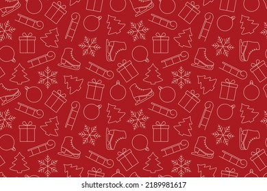 christmas, winter seamless pattern with christmas balls, fir tree, gift snowflake, sleds and skates, great for wrapping, textile, wallpaper, greeting card- vector illustration