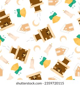 Christmas winter seamless pattern with bells, gingerbread, crescent moon and candles on a white background.