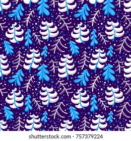 Christmas and winter seamless pattern in blue color. Background with pine forest. Snowing landscape in cute children style. Design for textile, wrapping papers and other surfaces
