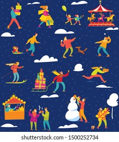 Christmas winter seamless pattern with cartoon people doing winter activities. Vector creative seamless pattern for background, textiles, wallpaper and wrapping paper design. Modern flat design. 