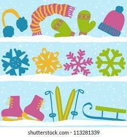 Christmas Winter Seamless Pattern, Clothes, Snowflakes And Sport Equipment On Snow