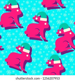 Christmas, winter seamless pattern with cute rabbit in Santa Claus hat and snowflakes.