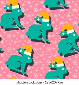 Christmas, winter seamless pattern with cute rabbit in Santa Claus hat and snowflakes.