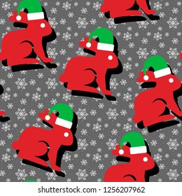 Christmas, winter seamless pattern with cute rabbit in Santa Claus hat and snowflakes.