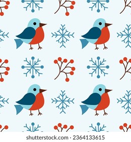 Christmas winter seamless pattern with cute birds bullfinches, rowan berries, snowflakes. Vector flat background.