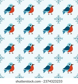 Christmas winter seamless pattern with cute birds bullfinches and snowflakes. Vector flat background.