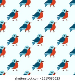 Christmas winter seamless pattern with cute birds bullfinches. Vector flat background.