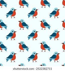 Christmas winter seamless pattern with cute birds bullfinches. Vector flat background.
