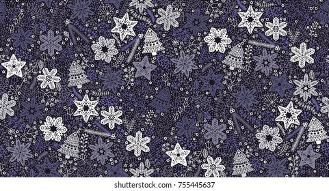 Christmas, winter seamless pattern. Decorative greeting wallpaper, backdrop.  Xmas shapes, elements and flowers / branches.