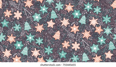 Christmas, winter seamless pattern. Decorative greeting wallpaper, backdrop.  Xmas shapes, elements and flowers / branches.