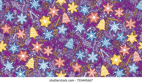 Christmas, winter seamless pattern. Decorative greeting wallpaper, backdrop.  Xmas shapes, elements and flowers / branches.