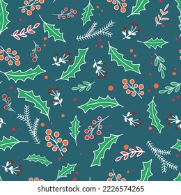Weihnachten Winter nahtlos Muster. Festlicher traditioneller Hintergrund mit Weihnachtselementen. Dauergießen von Heilbeeren und Blattwerk. Druck für Textilien, Papier, Verpackung und Design, Vektorgrafik