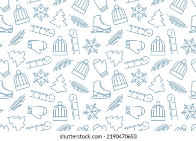 christmas, winter seamless pattern with fir tree, snowflake, sleds, skates, hat and gloves, great for wrapping, textile, wallpaper, greeting card- vector illustration
