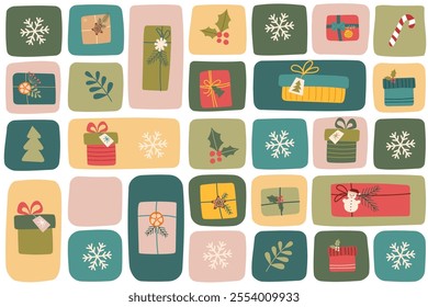 Christmas winter seamless pattern of gift boxes on colorful background. Christmas background. Christmas wrapping paper.