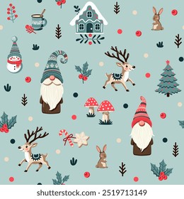 Christmas winter seamless pattern with gnomes, deers, rabbits, mushrooms, christmas trees, branches, berries, cocoa mug, cookies, gingerbread house on blue background for new year holidays and festive