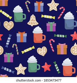 Christmas winter seamless pattern. With hot coffee drink, gingerbread gingerbread, sweets and presents. Holiday New Year symbols. For wrapping paper, covers, fabrics.