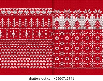 Christmas winter seamless pattern. Knitted print with trees, snowflakes, hearts. Red sweater background. Xmas knit texture. Holiday fair traditional ornament. Festive wool pullover vector illustration
