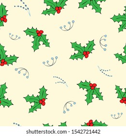 Christmas winter seamless pattern with mistletoe and winter elements for decorations, wrapping