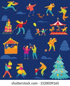Christmas winter seamless pattern with people doing winter activities in night. Vector creative seamless pattern for background, textiles, wallpaper and wrapping paper design. Modern flat design. 