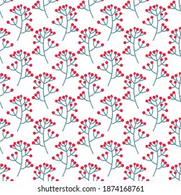 Christmas winter seamless pattern with red berries  on a white background. Vector illustration.