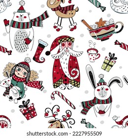 Christmas winter seamless pattern with Santa Claus and winter animals. Doodle style. Vector.