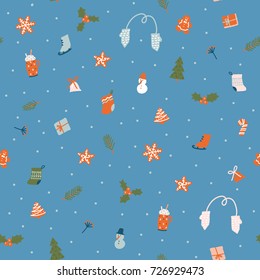 Christmas winter seamless pattern with snowflakes, gingerbread, fir tree and holiday objects.