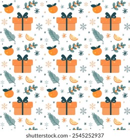 Weihnachten Winter nahtlose Muster. Mandarinenscheiben, Schneeflocken, Kiefernzweige, Beeren, hollige Elemente für Urlaubspapier, Dekorationen oder jedes saisonale Projekt.