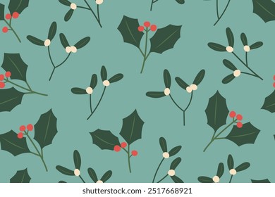 christmas, winter seamless pattern with traditional greenery mistletoe and holly berry twigs- vector illustration