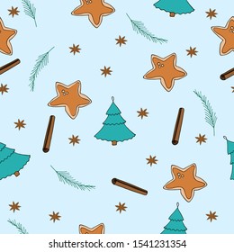 Christmas winter seamless pattern with christmas trees, cloves, gingerbread and cinamon sticks for decorations