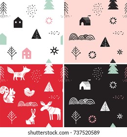 Christmas, winter seamless patterns set, hand drawn elements in Scandinavian style