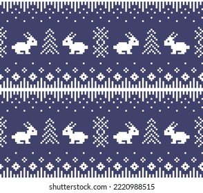 Christmas winter seamless vector pattern. Pixel rabbits and christmas trees