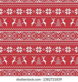 Christmas winter seamless vector pattern. Pixel deers and christmas trees