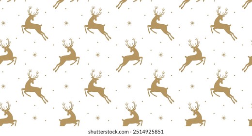 Christmas winter seamless vector pattern. Golden deer and snowflakes on white background.