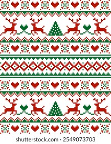 Christmas winter seamless vector pattern. Pixel deers and christmas trees