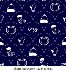 Christmas winter season clothes seamless pattern. Cartoon vector background. Wrapping or scrapbook paper design.