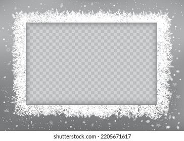 Christmas winter season photo rectangle frame template on gray background. Holiday snowflake decoration ornament.