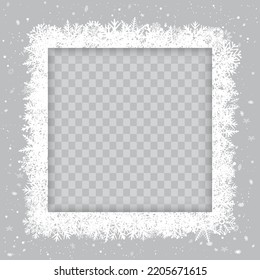 Christmas winter season photo square frame template on gray background. Holiday snowflake decoration ornament.