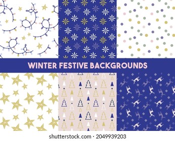 Christmas, winter seasonal seamless pattern set. Vector backgrounds. Elegant pattern with winter plants, festive decorations, party stars. Hand drawn for wrapping paper, textile print and social media