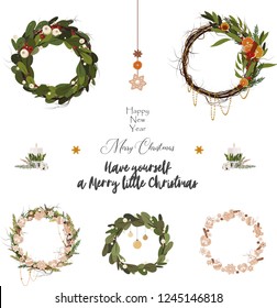 Christmas winter set of 5 botanical wreaths for background for invitation, postcard. Wreath with fir, apples, berries, willow, mistletoe, oranges, spices, gingerbread cookies. And holiday lettering